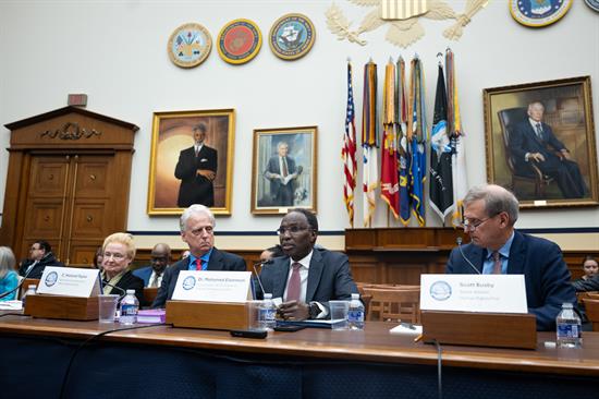 Witnesses testify at Rep. Smith's Tom Lantos Human Rights Commission hearing on the G20 forum. From left to right: Mary Ann Glendon, C. Holland Taylor, Dr. Mohamed Elsanousi, and Scott Busby.